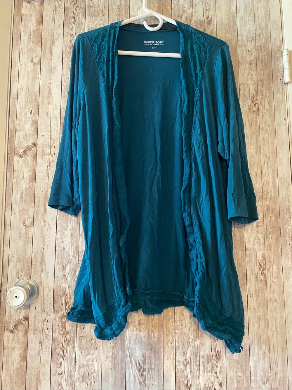Torrid Super Soft Teal Lace-Trim Robe Cardigan knit Size 2 layering kimono plus